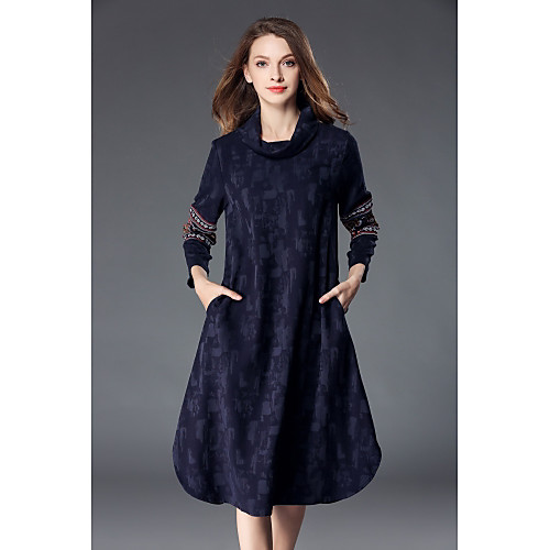 

Women's Shift Dress Midi Dress Navy Blue Long Sleeve Patchwork Embroidered Fall Winter Turtleneck Streetwear Work M L XL