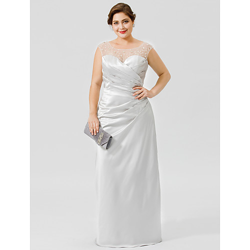 

Sheath / Column Mother of the Bride Dress Classic & Timeless Elegant & Luxurious Plus Size Jewel Neck Floor Length Satin Sleeveless with Pleats Crystals 2021