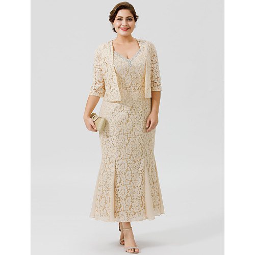 

Mermaid / Trumpet Mother of the Bride Dress Plus Size Sexy V Neck Tea Length Chiffon All Over Lace Sleeveless with Lace Crystals 2021