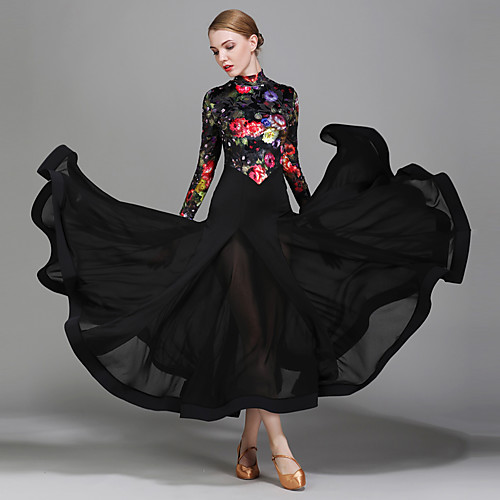 

Ballroom Dance Dress Pattern / Print Women's Performance Long Sleeve Natural Chiffon Satin Velvet Ice Silk