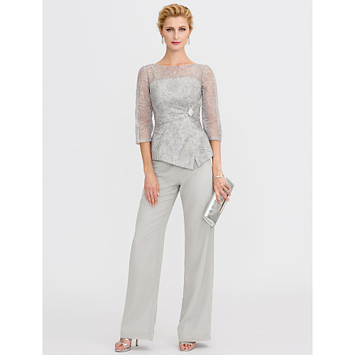 

Pantsuit / Jumpsuit Mother of the Bride Dress Plus Size Sexy See Through Bateau Neck Floor Length Chiffon Glitter Lace 3/4 Length Sleeve with Lace Sequin 2021