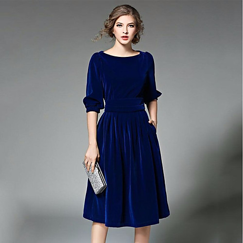 

Women's Lace Knee Length Dress Blue Wine Long Sleeve Blue Solid Colored Lace Winter Round Neck Butterfly Sleeves Velvet S M L XL