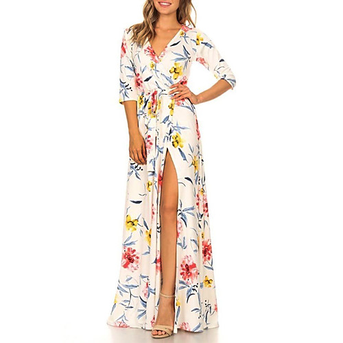 

Women's Sheath Dress Maxi long Dress White Blue Yellow Half Sleeve Floral Split Fall Spring Deep V Boho Ruffle L XL XXL 3XL 4XL 5XL / Plus Size