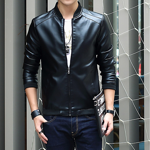 

Men's Leather Jackets Solid Colored Fall Faux Leather Jacket Regular Daily Long Sleeve PU Coat Tops Black