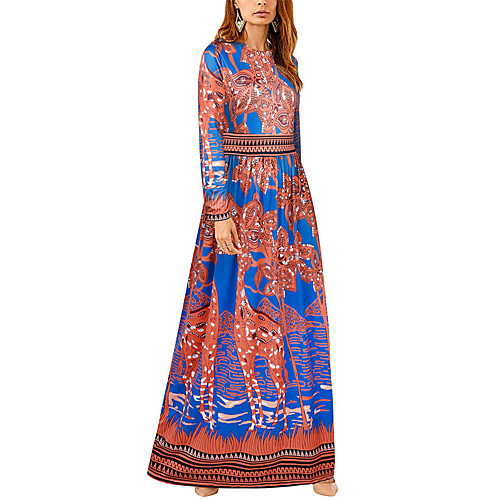 

Women's Jalabiya Maxi long Dress Orange Long Sleeve Print Fall Spring Round Neck Boho S M L XL
