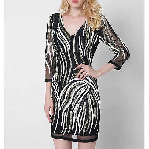 

Women's Bodycon Short Mini Dress Black Long Sleeve Color Block Winter Spring V Neck Cotton Sequins S M L XL XXL