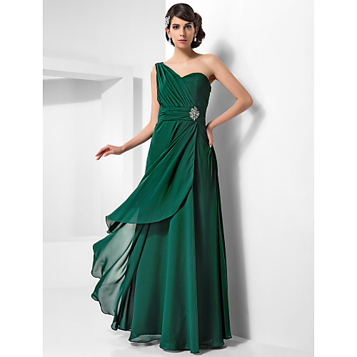 

Sheath / Column Open Back Formal Evening Military Ball Dress One Shoulder Sleeveless Floor Length Chiffon with Ruched Crystals Draping 2021