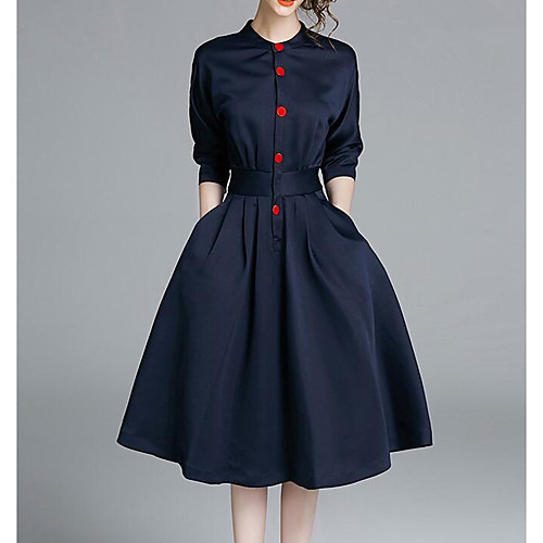 

Women's A Line Dress Knee Length Dress Navy Blue 3/4 Length Sleeve Solid Colored Fall Round Neck Cotton S M L XL XXL 3XL