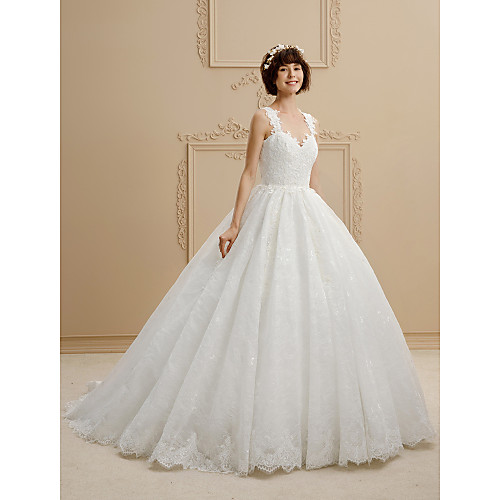 

Ball Gown Wedding Dresses Sweetheart Neckline Sweep / Brush Train Tulle All Over Lace Regular Straps Glamorous Illusion Detail with Lace 2021