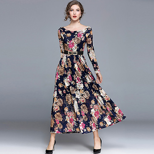 

Women's A Line Dress Midi Dress Black Long Sleeve Embroidered Lace Fall Round Neck Streetwear Boho Going out Floral S M L XL XXL