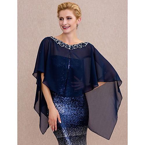 

Elegant Lady's Chiffon Silk Shawl Bridal Wedding Party Evening Women's Wrap With Sequins Buttons Beading Capes