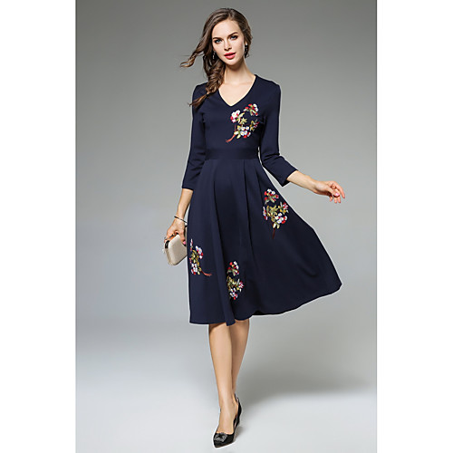 

Women's Skater Short Mini Dress Yellow Navy Blue 3/4 Length Sleeve Patchwork Embroidered Fall Winter V Neck Casual Streetwear Party Cotton Embroidery S M L XL XXL / Floral