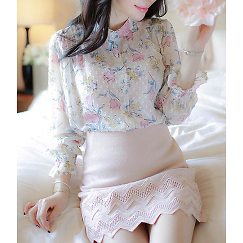 

Women's Blouse Floral Print Long Sleeve Daily Tops White