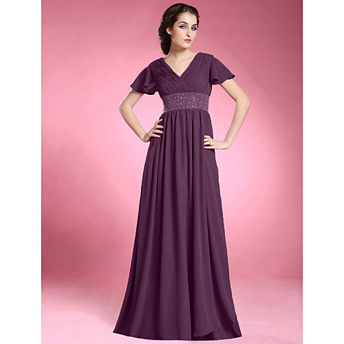 

A-Line Mother of the Bride Dress Elegant V Neck Floor Length Chiffon Short Sleeve with Criss Cross Pleats Ruched 2021