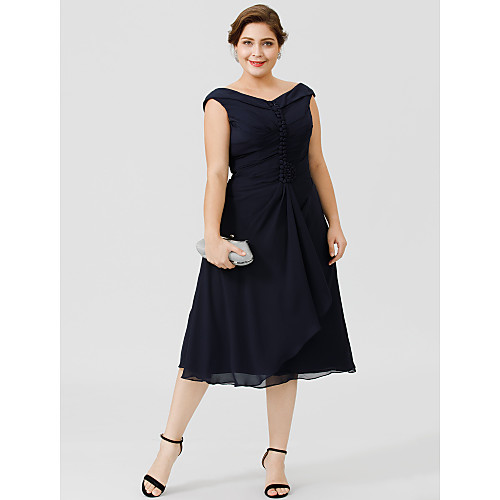 

A-Line Mother of the Bride Dress Chic & Modern Elegant & Luxurious Plus Size V Neck Tea Length Chiffon Short Sleeve with Buttons Pleats 2021