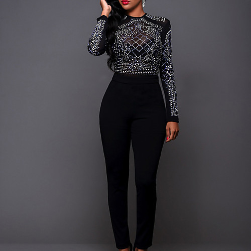 

Women's Party Casual / Daily Club Crew Neck Black Red Jumpsuit Color Block Beaded