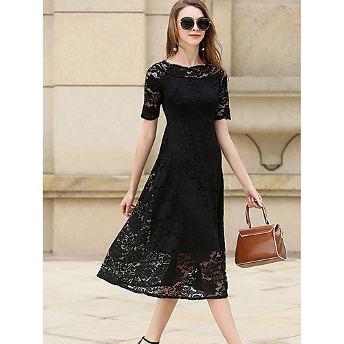 

Women's Sheath Dress Midi Dress White Black Khaki Short Sleeve Solid Colored Spring Summer Round Neck Streetwear Going out Lace S M L XL XXL