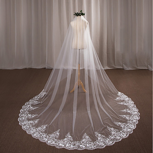 

One-tier Wedding Veil Cathedral Veils with Appliques Lace / Tulle / Angel cut / Waterfall