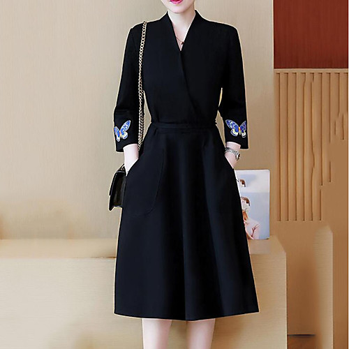 

Women's Loose Midi Dress Black 3/4 Length Sleeve Black Solid Colored Embroidered Fall Winter V Neck XL XXL 3XL 4XL 5XL / Plus Size