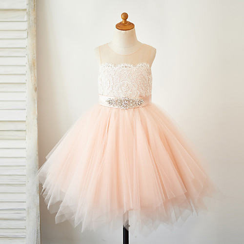 

A-Line Knee Length Pageant Flower Girl Dresses - Lace / Tulle Sleeveless Jewel Neck with Lace / Sash / Ribbon