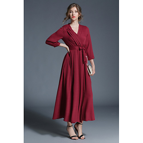 

Women's Sheath Dress Maxi long Dress Wine 3/4 Length Sleeve Solid Colored Pleated Fall Winter V Neck Streetwear Lantern Sleeve S M L XL