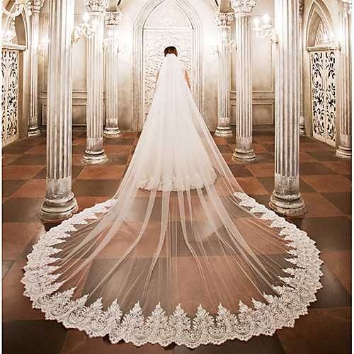 

One-tier Wedding Veil Cathedral Veils with Appliques Lace / Tulle / Angel cut / Waterfall