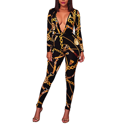 

Women's Boho Party Club Deep V White Black Skinny Jumpsuit Geometric Print / Super Sexy