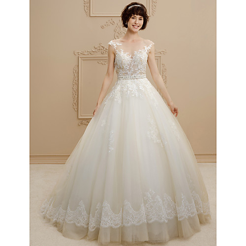 

Ball Gown Wedding Dresses Scoop Neck Sweep / Brush Train Tulle Floral Lace Cap Sleeve Glamorous Illusion Detail Backless with Sashes / Ribbons Beading 2021