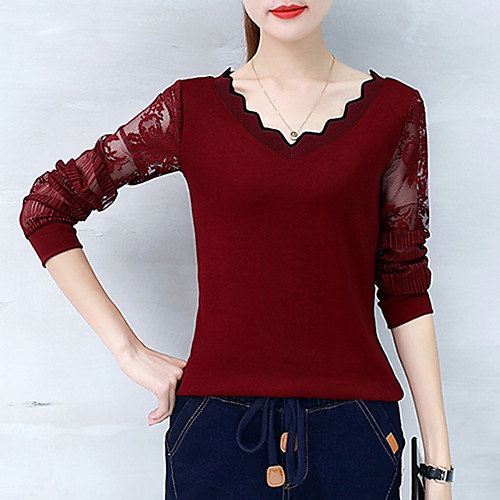 

Women's T shirt Solid Colored Lace Patchwork Long Sleeve Daily Tops Cotton Black Wine