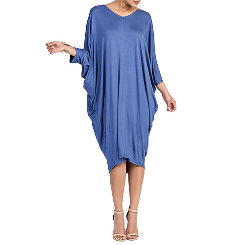 

Women's T Shirt Dress Tee Dress Midi Dress Black Blue Wine 3/4 Length Sleeve Blue Solid Colored Fall Spring V Neck Batwing Sleeve Oversized S M L XL XXL 3XL / Plus Size