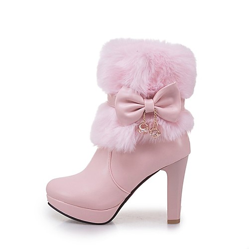 

Women's Boots Block Heel Boots Pumps Round Toe Mid Calf Boots Sweet Dress Faux Leather Bowknot Solid Colored Winter White Black Pink / Booties / Ankle Boots / Booties / Ankle Boots / EU39