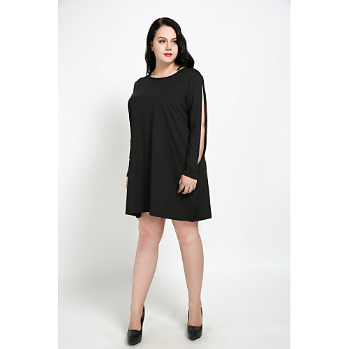

Women's Shift Dress Knee Length Dress Black Long Sleeve Solid Colored Split Fall Spring Round Neck Vintage Cotton 3XL 4XL 5XL 6XL / Plus Size / Plus Size