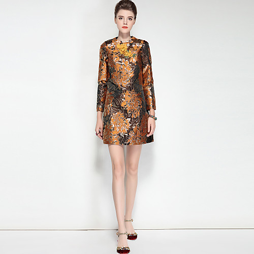 

Women's A Line Dress Short Mini Dress Gold Long Sleeve Jacquard Fall Winter Round Neck Streetwear Boho Party Going out Floral S M L XL