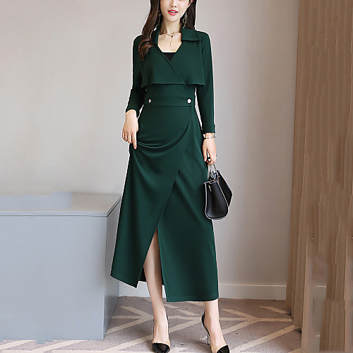 

Women's Sweater Jumper Dress Maxi long Dress Black Green Brown Long Sleeve Solid Colored Split Ruffle Fall Winter Shirt Collar Cotton S M L XL XXL