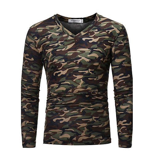 

Men's T shirt Graphic Camo / Camouflage Plus Size Long Sleeve Daily Tops Cotton Military Army Green Brown