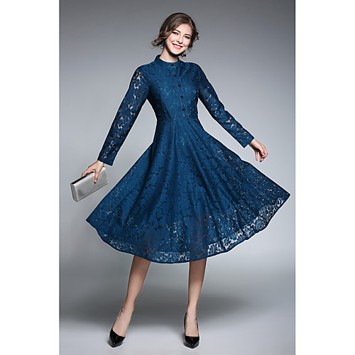 

Women's Sheath Dress Midi Dress Black Blue Long Sleeve Solid Colored Fall Winter Crew Neck Streetwear Party Lace S M L XL XXL