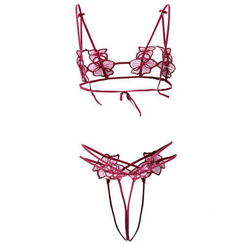 

Women's Lace Wireless Strapped Open Cup Bras & Panties Sets Patchwork Red Blushing Pink Light Blue