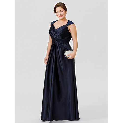 

Ball Gown A-Line Mother of the Bride Dress Beautiful Back Plus Size See Through V Neck Floor Length Lace Stretch Satin Sleeveless with Criss Cross Pleats 2021