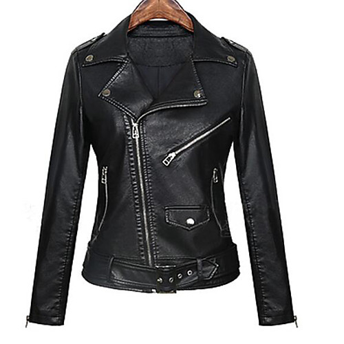 

Women's Solid Colored Streetwear Fall Notch lapel collar Faux Leather Jacket Short Daily Long Sleeve PU Coat Tops Black