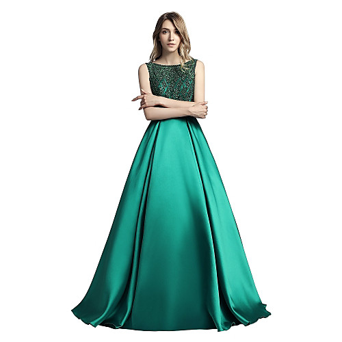 

A-Line Elegant Sparkle & Shine Open Back Formal Evening Black Tie Gala Dress Boat Neck Sleeveless Sweep / Brush Train Mikado with Beading Sequin 2021