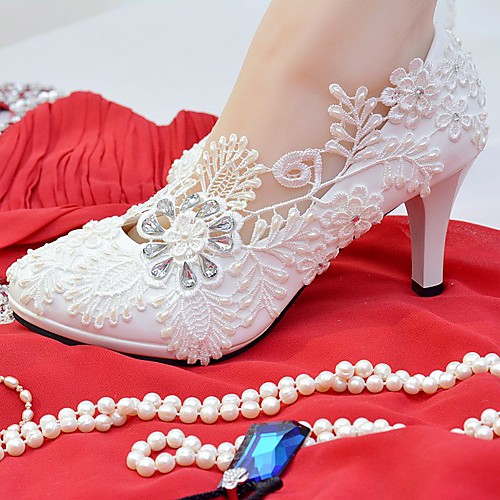 

Women's Wedding Shoes Mesh Round Toe Comfort Wedding Party & Evening Lace Leatherette Rhinestone Imitation Pearl Appliques White / EU41