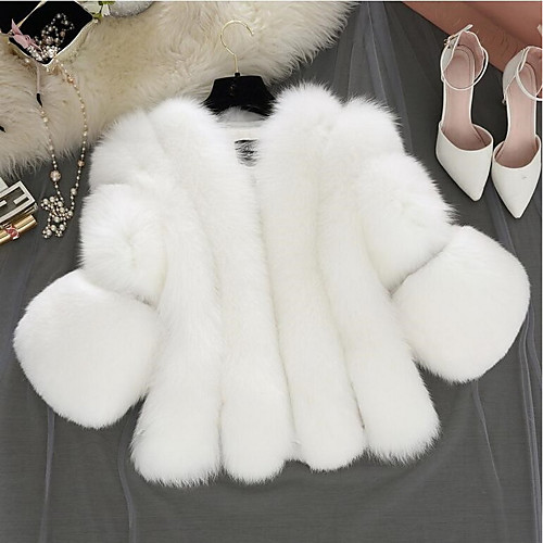 

Women's Solid Colored Fall Fur Coat Short Daily 3/4-Length Sleeve Faux Fur Coat Tops White