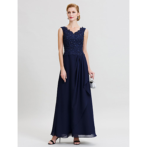 

Sheath / Column Mother of the Bride Dress Elegant Sparkle & Shine V Neck Floor Length Chiffon Beaded Lace Sleeveless with Pleats Beading 2021