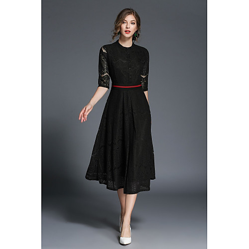 

Women's Lace Midi Dress Black Green Half Sleeve Solid Colored Lace Fall Spring Round Neck S M L XL