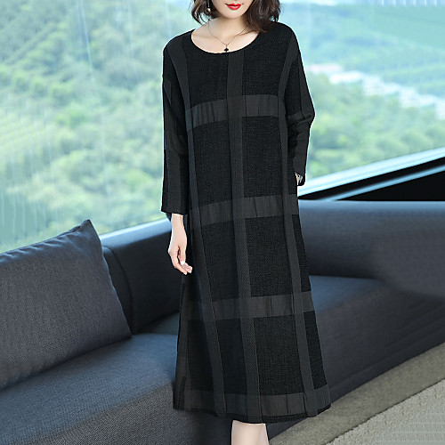 

Women's Loose Midi Dress Black Long Sleeve Black Check Print Fall Spring Round Neck Cotton S M L XL XXL 3XL / Plus Size