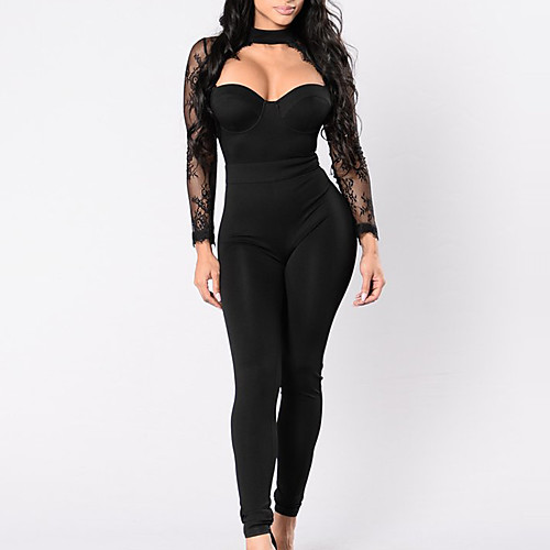 

Women's Boho Party Daily Club Crew Neck Black Wine Green Jumpsuit Color Block Lace