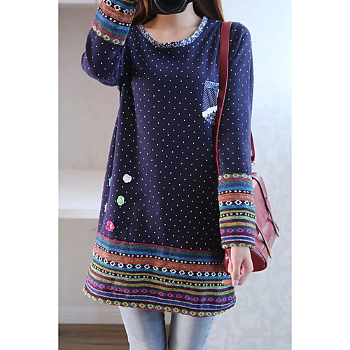 

Women's Shift Dress Short Mini Dress Blue Beige Long Sleeve Polka Dot Print Winter Round Neck Cotton M L XL XXL 3XL / Plus Size