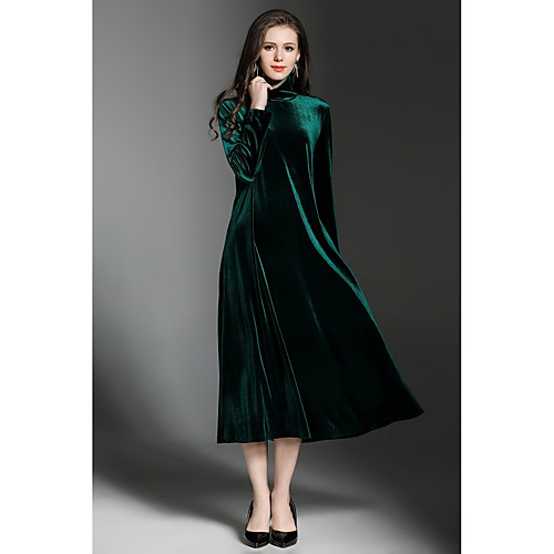 

Women's Loose Midi Dress Black Green Long Sleeve Solid Colored Fall Winter Turtleneck Streetwear Party Velvet Loose Velvet S M L XL