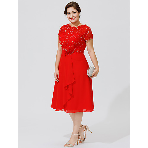 

A-Line Mother of the Bride Dress Elegant & Luxurious Beautiful Back Plus Size Jewel Neck Knee Length Chiffon Beaded Lace Short Sleeve with Pleats Beading Flower 2021