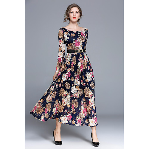 

Women's A Line Dress Maxi long Dress Black Long Sleeve Floral Boat Neck Casual Boho Lace S M L XL XXL